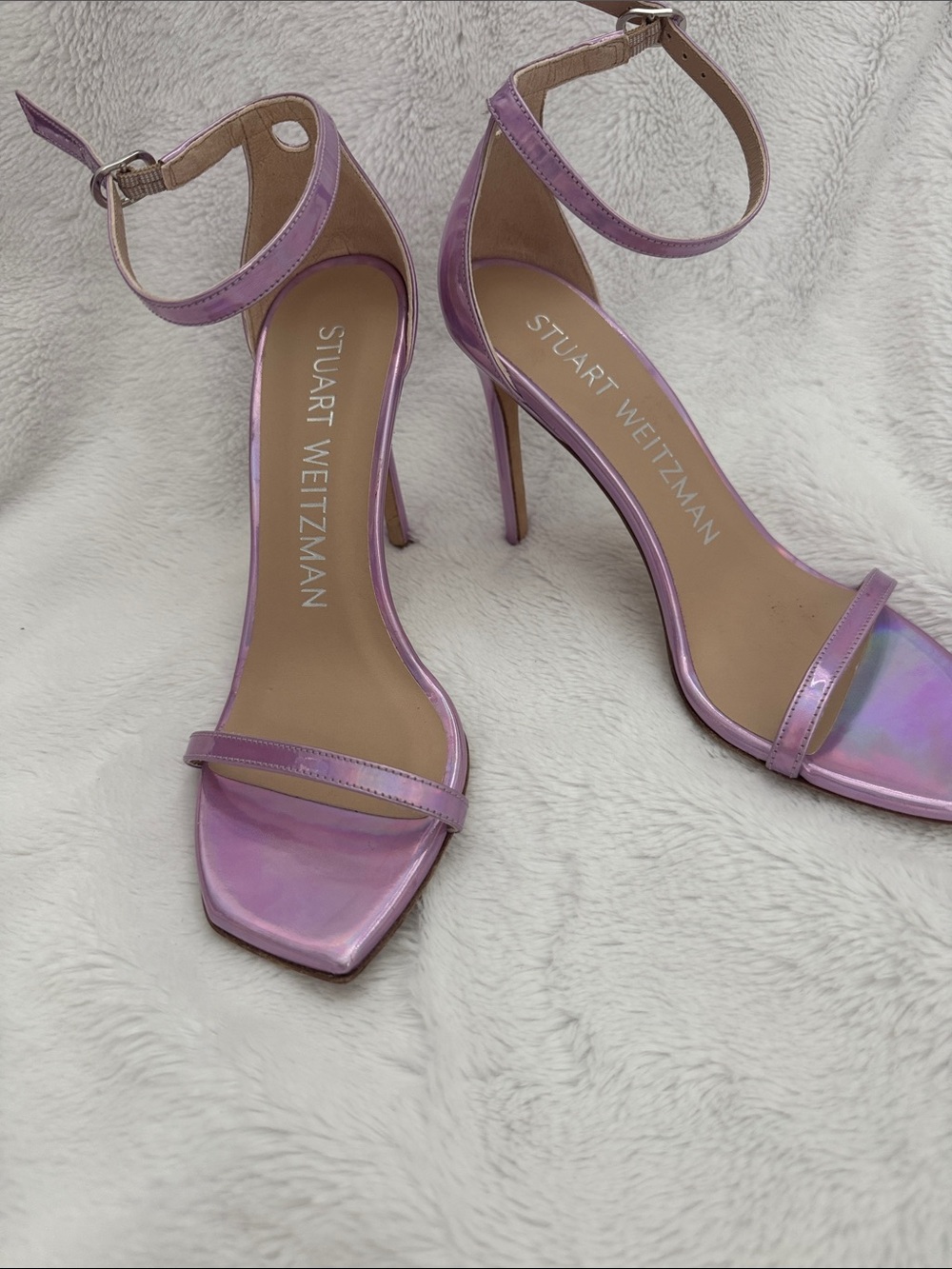 Stuart Weitzman Iridescent Lilac Ankle-Strap Heels